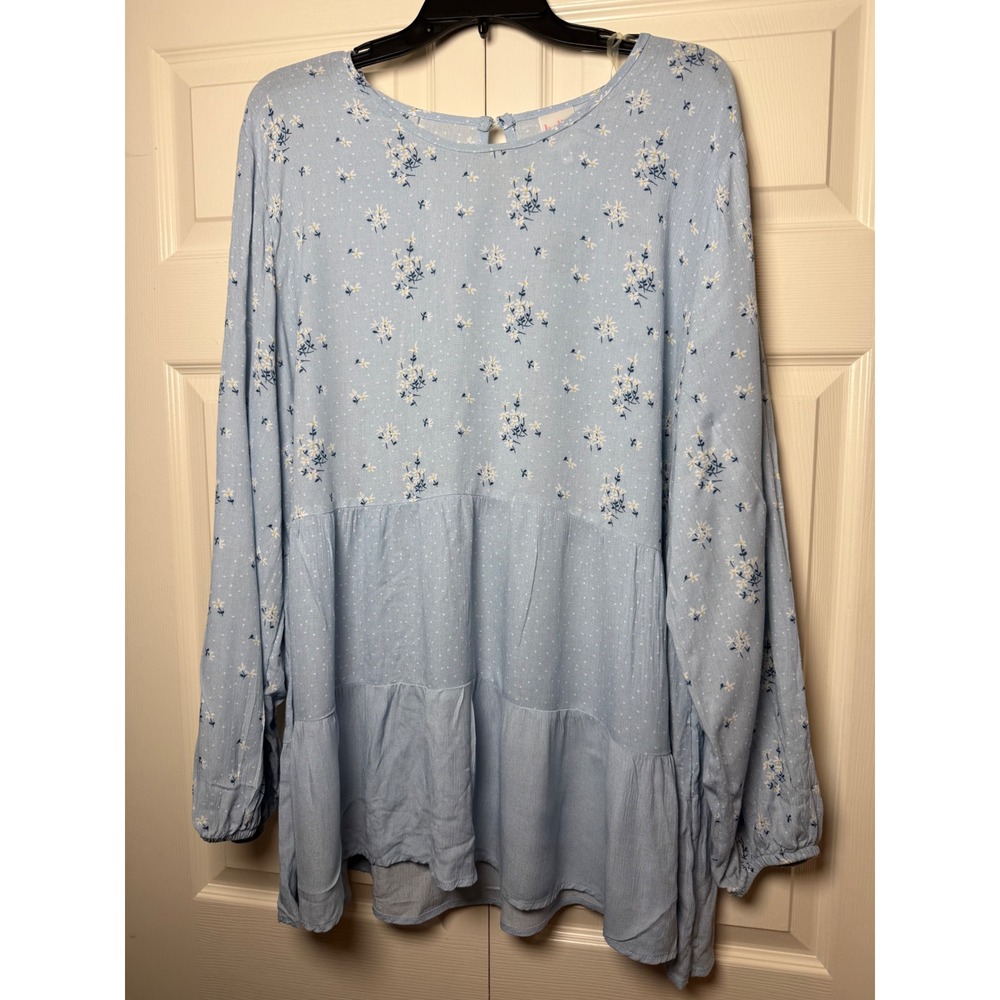 Belle du Jour Womens 2X Blue Floral Polka Dot Tiered Babydoll Tunic Top Blouse